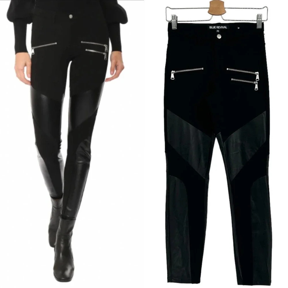 Blue Revival Hell on Wheels Unreal Leather & Ponte Skinny Pants Black Size‎ 26